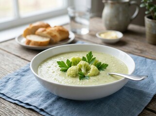 Creamy Broccoli Cauliflower Soup With Fresh Herbs And Crusty Bread On Blue Tablecloth