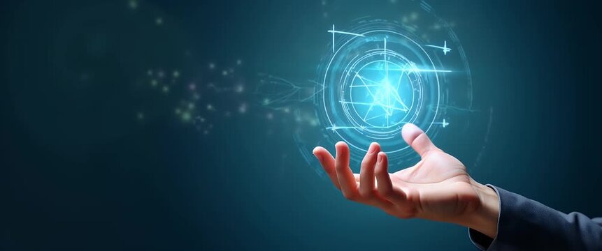 Futuristic hand interacts with glowing holographic interface, digital elements swirl subtly; camera executes slow, cinematic pan, enhancing technology innovation theme.