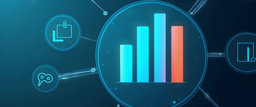 Dynamic infographic bars rise in a futuristic digital interface, with a slow zoom-in capturing ambient glowing connections, in a sleek, cinematic style perfect for tech presentations.