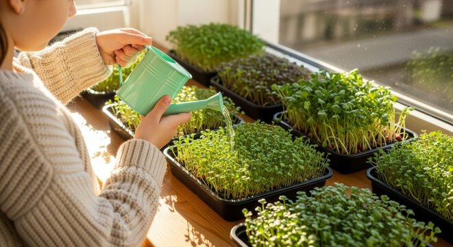 Kid watering microgreen in seedling tray on windowsill. Urban farming concept for healthy food and home gardening. Ecological lifestyle.