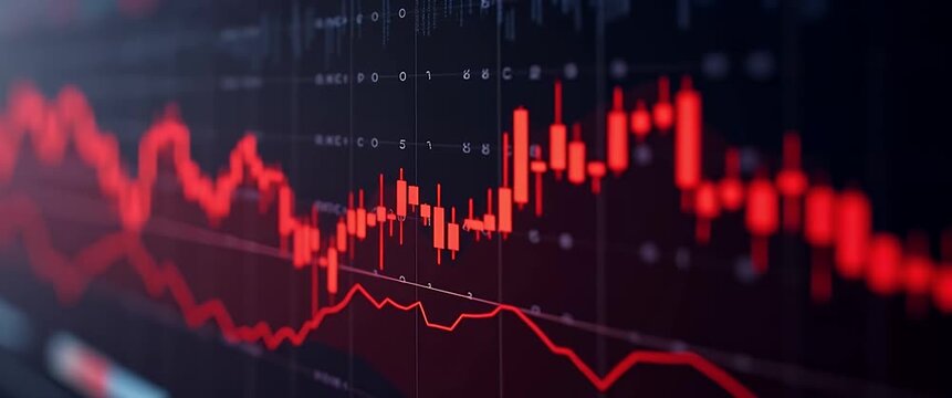 Cinematic view of fluctuating stock market graphs with gentle ambient screen flicker, slow pan across dynamic financial data, ideal for business analytics and investment themes.
