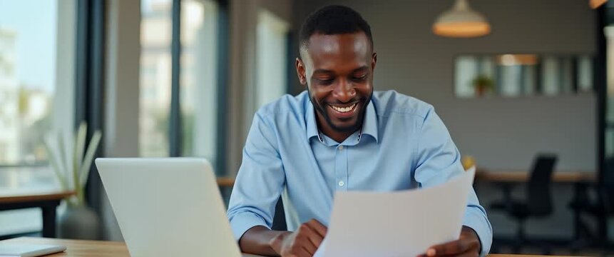 Smiling businessman reviews documents at modern office desk, gentle ambient light flickering, camera slowly pans for cinematic focus on professional success and positive mindset.