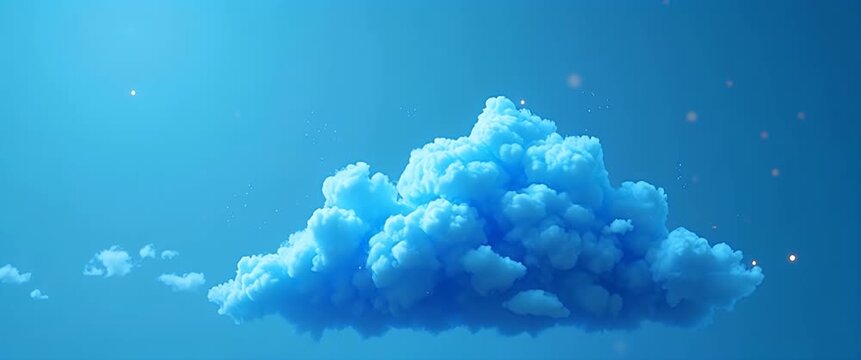 Fluffy clouds drift gently across a serene blue sky as the camera slowly pans, capturing the tranquil atmosphere and subtle light flickers in a cinematic, dreamlike style.