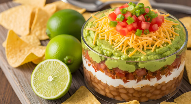 Delicious Seven Layer Dip Appetizer with Tortilla Chips and Limes.