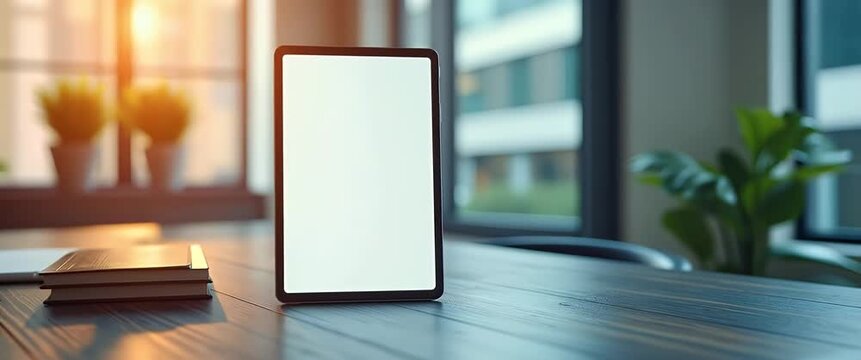 Modern tablet on wooden desk in sunlit office, slow pan capturing gentle plant sway, cinematic glow enhancing technology and productivity themes.