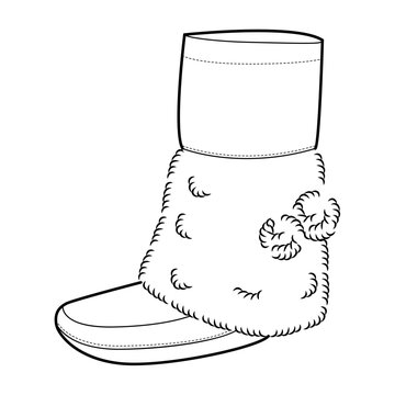 Pom-pom textured ankle boot women single line pair. Quilted surface with pom-pom trim snow day, leisure time. Technical fashion illustration CAD mockup clean vector men unisex isolated classic style.