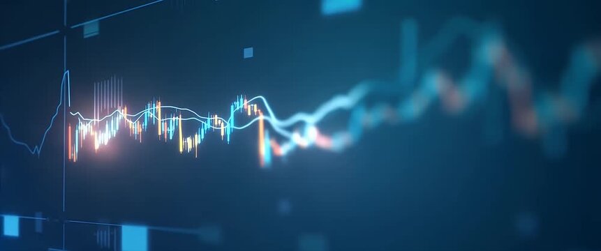 Cinematic financial data animation with fluctuating stock market graph; camera gently pans across dynamic chart; ambient light flickers, creating a modern, engaging business visual.