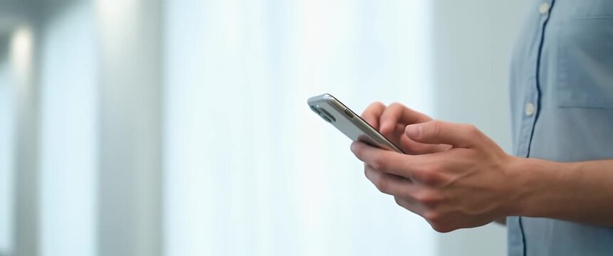 A person types on a smartphone in a modern office as the camera slowly pans, capturing ambient light flickering in a minimalist, cinematic style, perfect for technology or business themes.