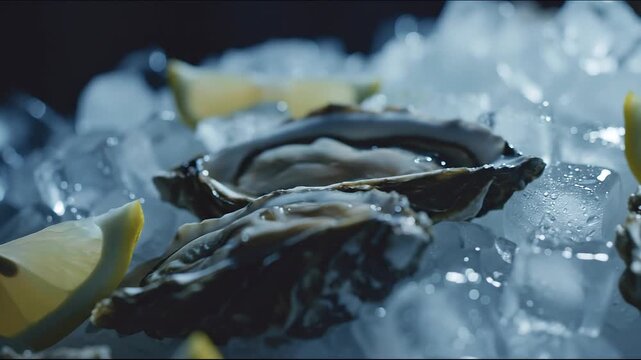 Close-up of fresh oysters on a bed of ice, with lemon slices for garnish