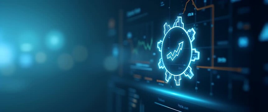 Digital chart with rising graph icon pulses gently as the camera slowly pans across a futuristic, data-driven interface, creating a cinematic exploration of technology and innovation.