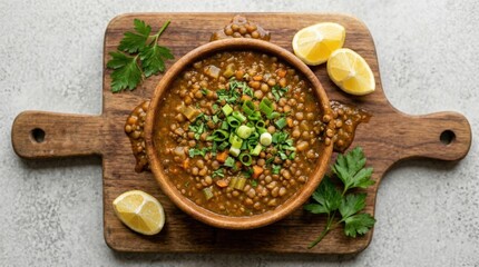 Asian traditional lentil soup with tomatoes and herbs. The view from the top