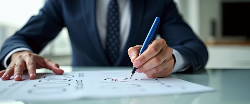 Business professional checks boxes on a form at a desk, pen moving smoothly, with papers and laptops nearby; camera gently pans to reveal a modern office in cinematic style.