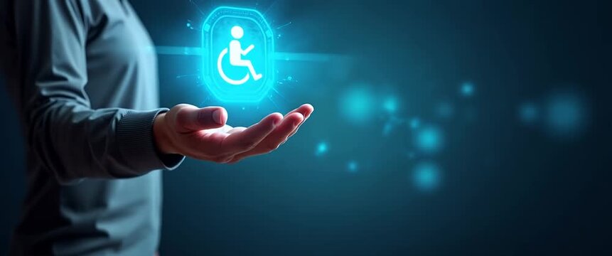 Hand gently raises a glowing accessibility icon as the camera slowly pans, while ambient lights flicker in the background, captured in a futuristic, cinematic style.