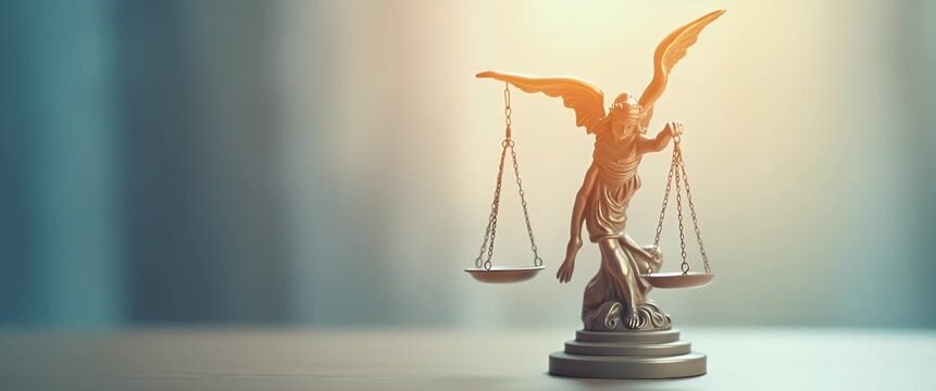 Graceful angel statue balances scales, bathed in soft morning light; camera gently pans, capturing serene ambiance in a cinematic style, ideal for legal and justice themes.