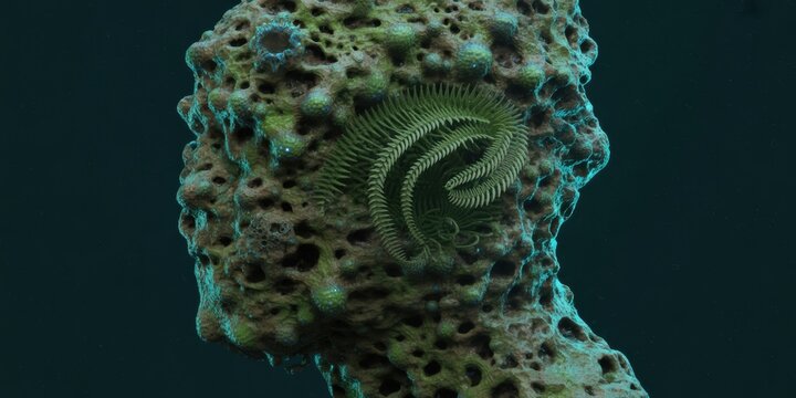 Abstract organic humanoid figure with porous coral texture and cybernetic brain concept on dark teal background 3D render