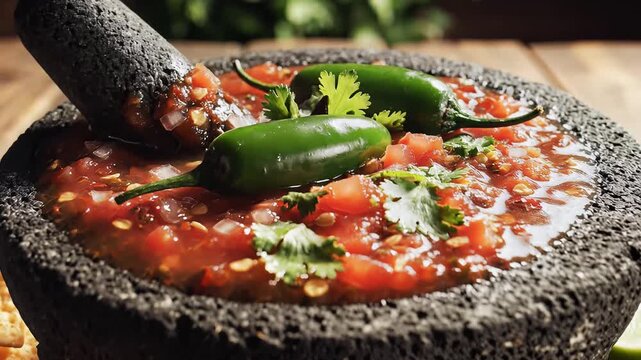 Fresh tomato salsa in molcajete with tortilla chips