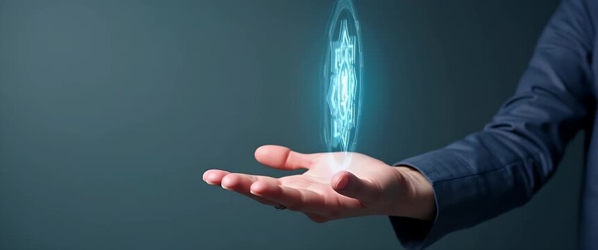 Hand presents glowing holographic symbol, gently rotating as camera slowly pans, with ambient light flickering in a serene, futuristic setting; cinematic elegance with copy space.