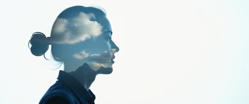 Silhouette of a woman gazing serenely as clouds drift through her profile, with gentle sunlight streaming; the camera slowly pans across this artistic, cinematic double exposure scene.