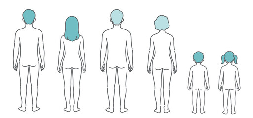 全世代の人体図・全身モデルのイラストセット（背面・後ろ姿）
