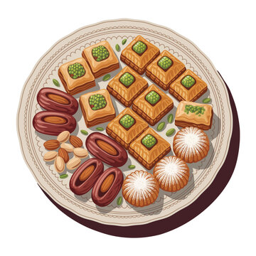 Assortment of Middle Eastern Sweets: Baklava, Dates, Almonds and Ma'amoul served on a decorative plate, Ramadan Iftar treat