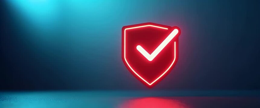Cinematic security concept with a glowing checkmark shield symbol; slow camera pan reveals ambient lights flickering, emphasizing cybersecurity and data protection in a futuristic setting.