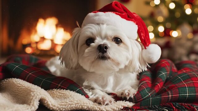 Adorable Dog in Santa Hat Cozy Christmas Scene.