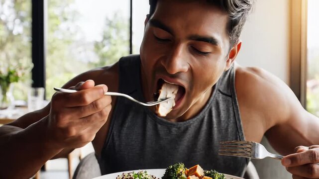 Man enjoying a healthy meal indoors with fresh vegetables and grains