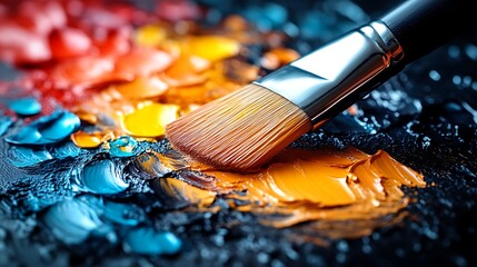 Fototapeta premium Vibrant oil paint palette with a brush