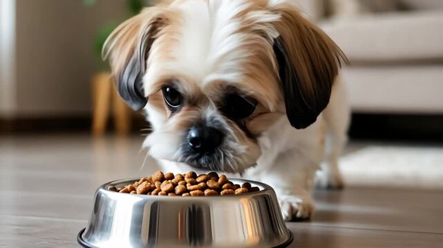 A cute shih tzu dog preparing to eat dry kibble from a stainless steel bowl on a wooden floor in a house.