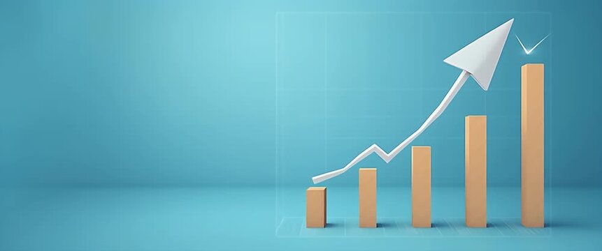 Dynamic bar graph rises with arrow in a minimalist, blue-hued space; camera gently pans to reveal growth trends in a cinematic style, showcasing business success and data visualization.