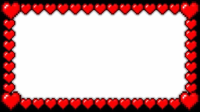 A rectangular frame composed of numerous small, red, pixelated 8 bit hearts, set against a black background with a white interior space.