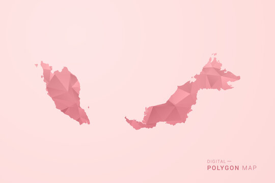 Malaysia Map - Polygon Style Vector Illustration in Soft Pink Valentine Theme, Low Poly Geometric Design, Isolated on Pastel Background.