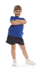 Cute little girl performing dance move on white background