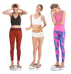 Fit woman with bathroom scale on white background, collage of portraits. Weight loss