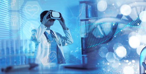 Scientist using VR headset, double exposure with virtual elements. Future technology in biochemistry