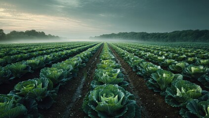 Fototapeta premium Misty Cabbage Field - Rows of Green Under a Cloudy Sky.