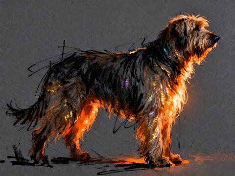 Minimalist abstract sketch series : Briard dog, with iridescent orange-gold effect portrait of a canine pet in gray cardstock 005