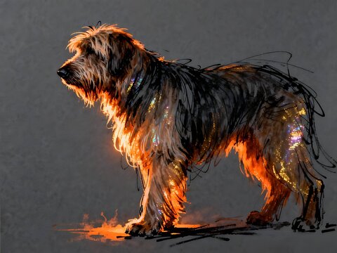 Minimalist abstract sketch series : Briard dog, with iridescent orange-gold effect portrait of a canine pet in gray cardstock 006