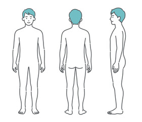 男性の人体図・全身モデルのイラストセット（正面・背面・側面）