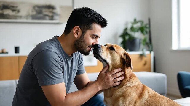 Caucasian man showing affection to his dog from a kneeling position fostering a loving pet bond and companionship at home.