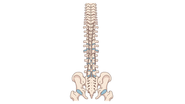 Anatomical illustration of a human spine and pelvis with highlighted ligaments against a white background.