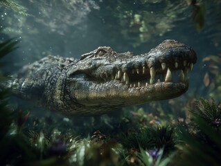Fototapeta premium A close-up of a crocodile swimming underwater among lush vegetation.