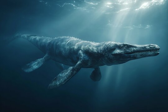 A serene underwater scene featuring a prehistoric marine reptile gliding gracefully.