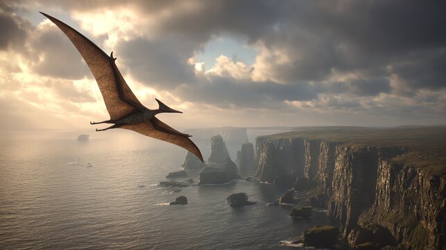 A majestic pterosaur gliding over rugged cliffs and a serene ocean during sunset.
