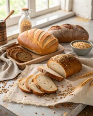 Naklejka premium Assorted artisan bread loaves and sliced sourdough