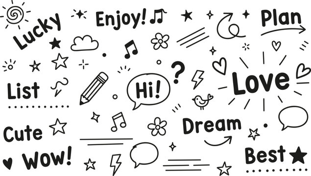 Black hand-drawn doodles featuring script words love lucky dream best and decorative stars hearts and expressive arrows