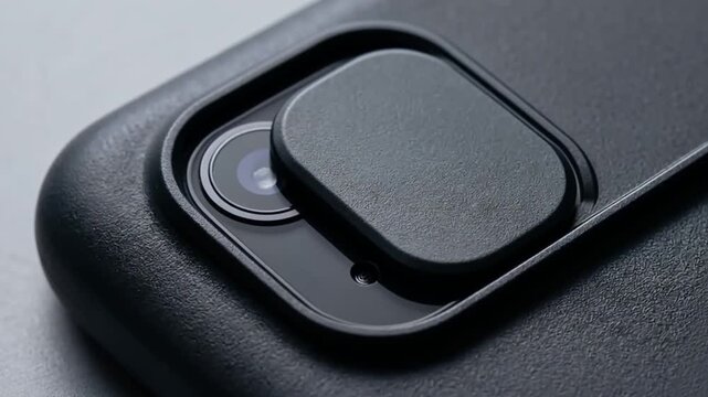 Close up of a phone camera lens cover mechanism sliding across the lens in three sequential frames for privacy