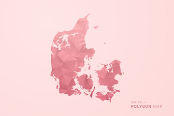 Fototapeta premium Denmark Map - Polygon Style Vector Illustration in Soft Pink Valentine Theme, Low Poly Geometric Design, Isolated on Pastel Background.