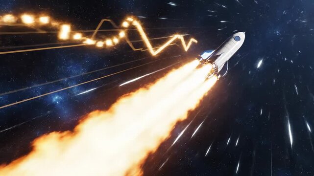 Rocket Launching into Space with Fiery Exhaust and Trails.