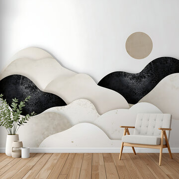 Elegante imagen de interior contempor&aacute;neo con mural geom&eacute;trico en tonos neutros (blanco, beige y negro), ideal para proyectos de decoraci&oacute;n, dise&ntilde;o de interiores y branding moderno.